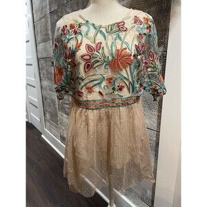 Tassels N Lace embroidered floral Tulle tunic top Sz S boho neutral Mesh Artsy